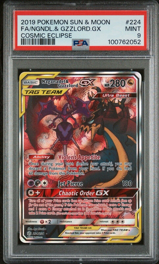 Pokemon TCG Naganadel & Guzzlord GX 224/236 Alt Art SM Cosmic Eclipse PSA 9 MINT