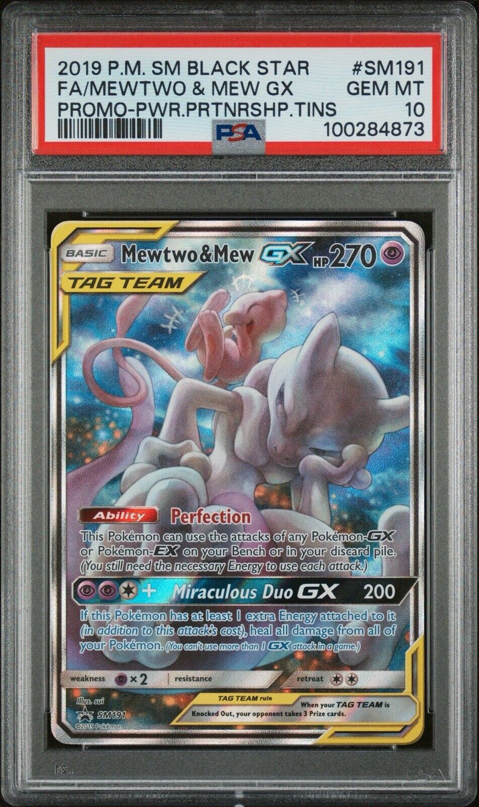 Mewtwo & Mew GX SM191 Power Partnership Tin Alt Art Black Star Promo PSA 10 2019