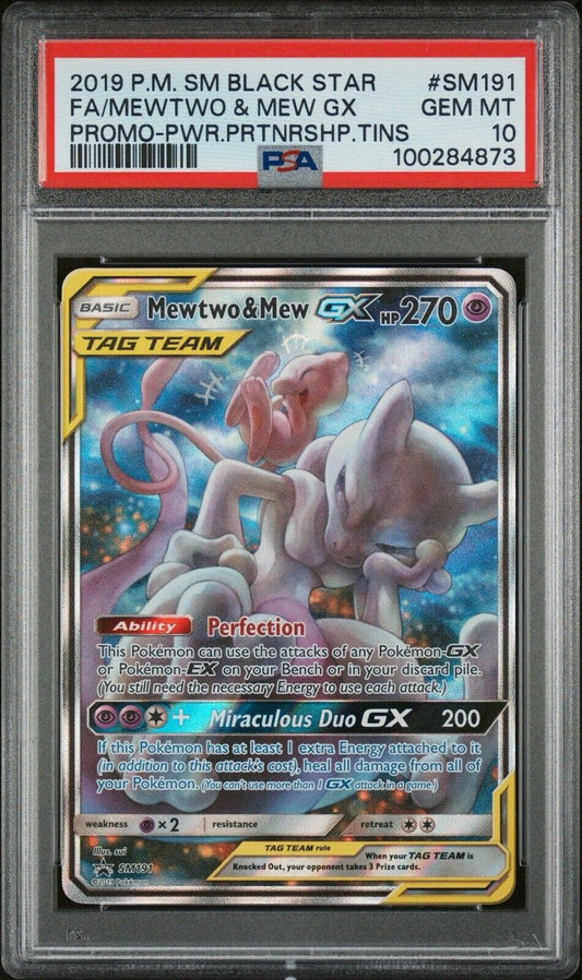 Mewtwo & Mew GX SM191 Power Partnership Tin Alt Art Black Star Promo PSA 10 2019